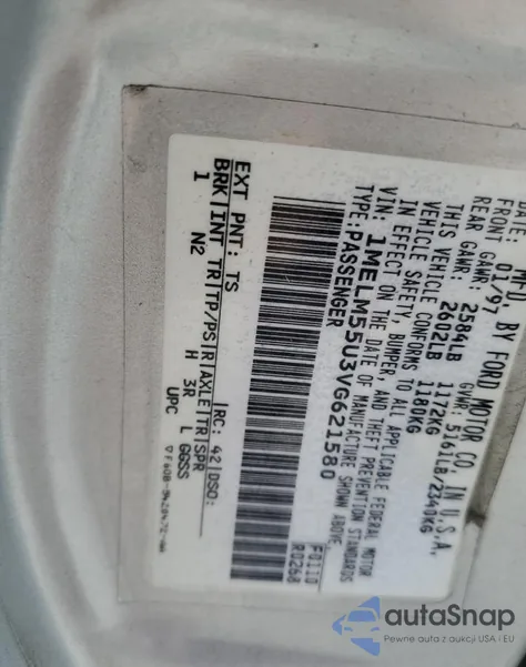 1997 Mercury Sable Gs from USA, damaged, VIN 1MELM55U3VG621580